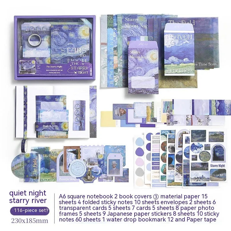 A6 creative journal gift box with grid notebook, decorative papers, cards, and retro plaid design