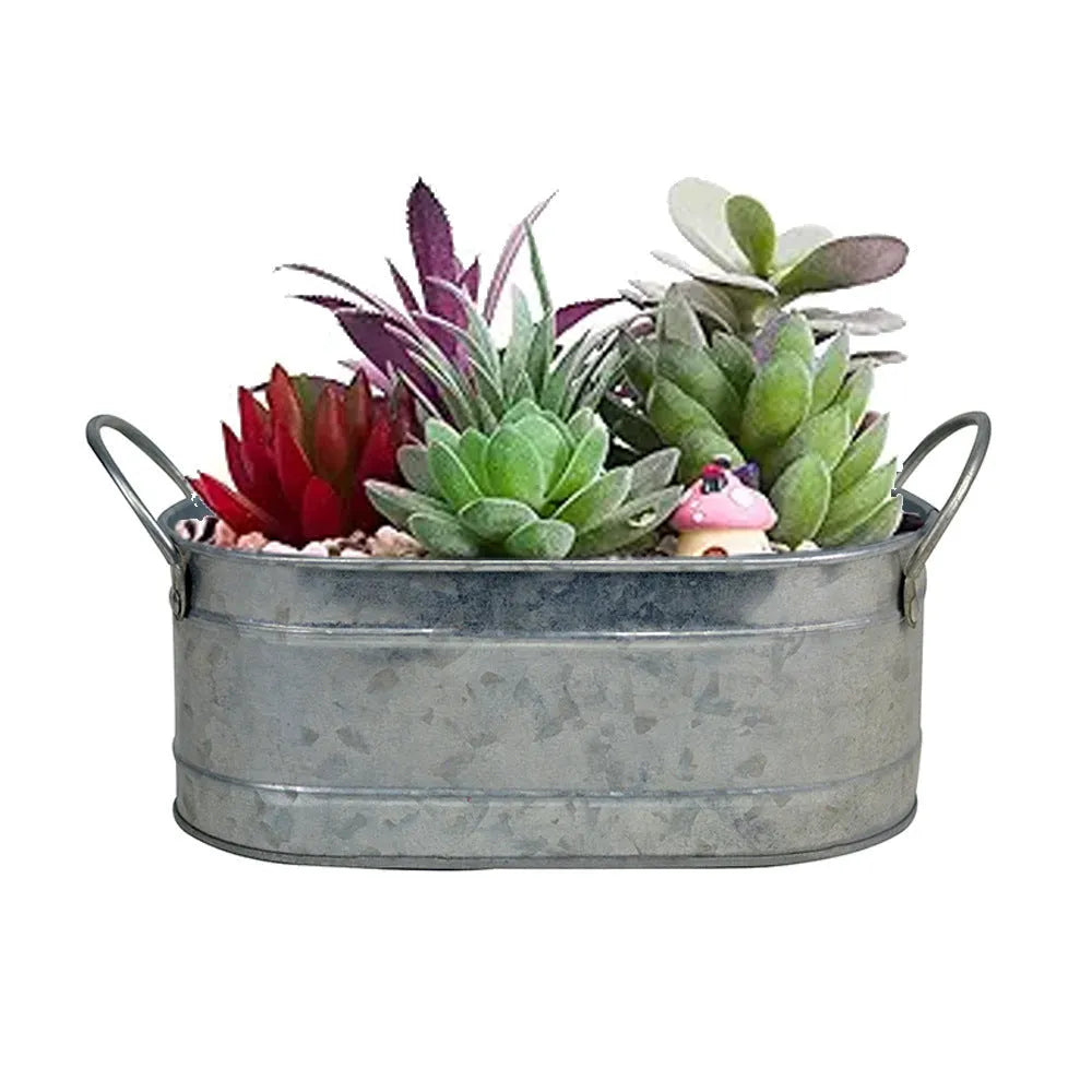 Small iron metal succulent flowerpot on a wooden desktop.