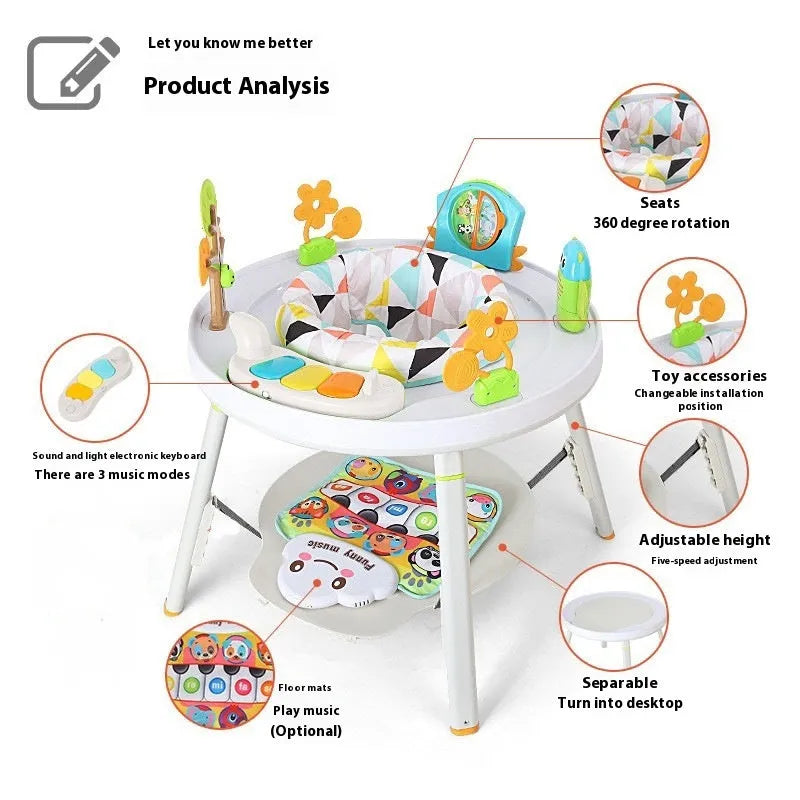 A white baby jumping chair activity centre with a bouncing seat, gymnastic rack, and toys in a duck or lion character design.