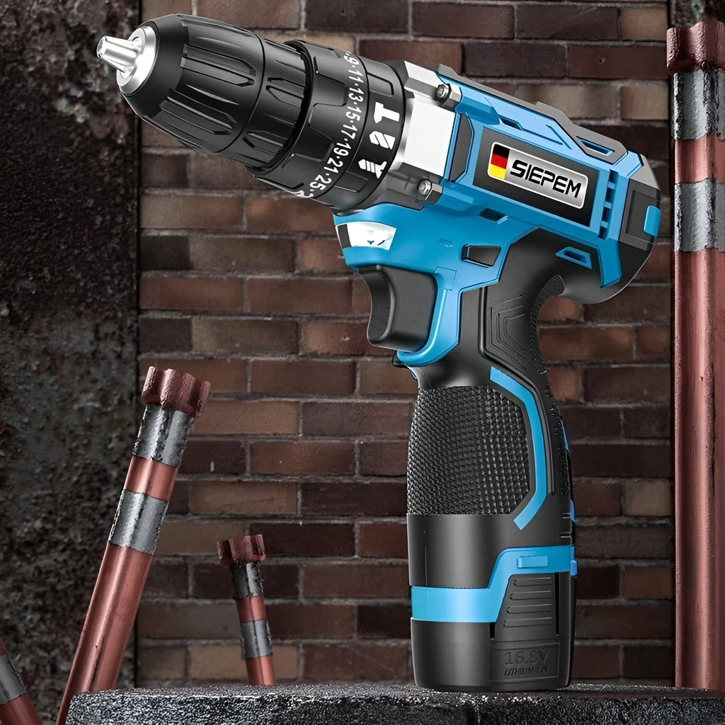 12V dual-speed pistol grip impact drill and electric screwdriver set inside a plastic storage box.