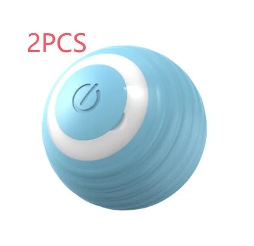 Blue automatic moving ball cat toy with charging cable on flat surface