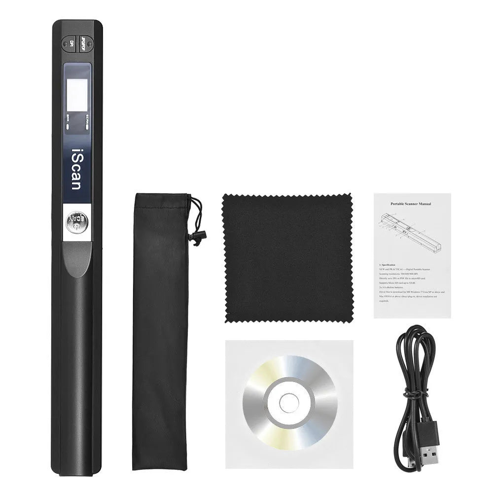 Handheld plastic scanner shown in available colours: black, blue, green, red, and silver.
