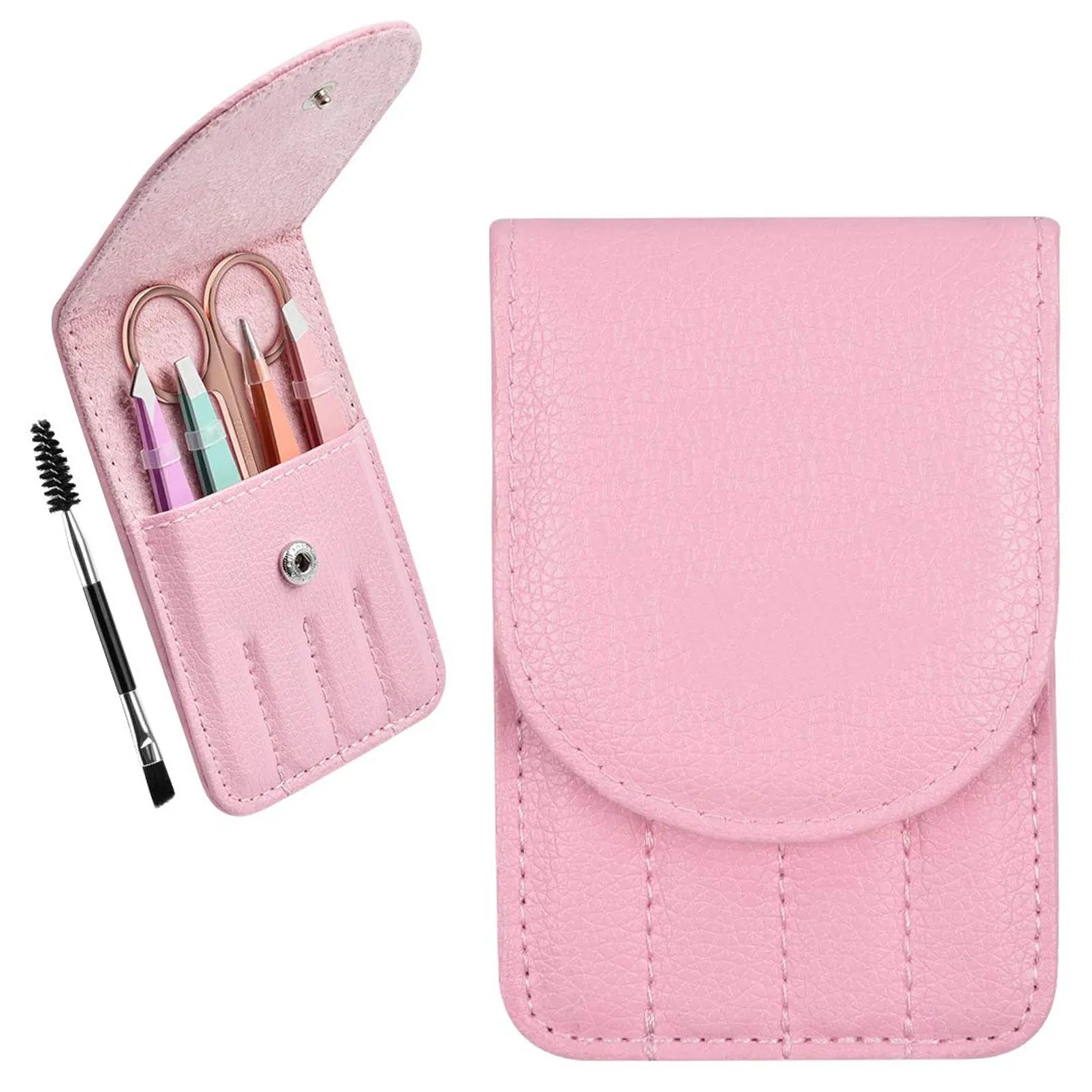Professional eyebrow tweezers set showing stainless steel tools in leather case with protective covers