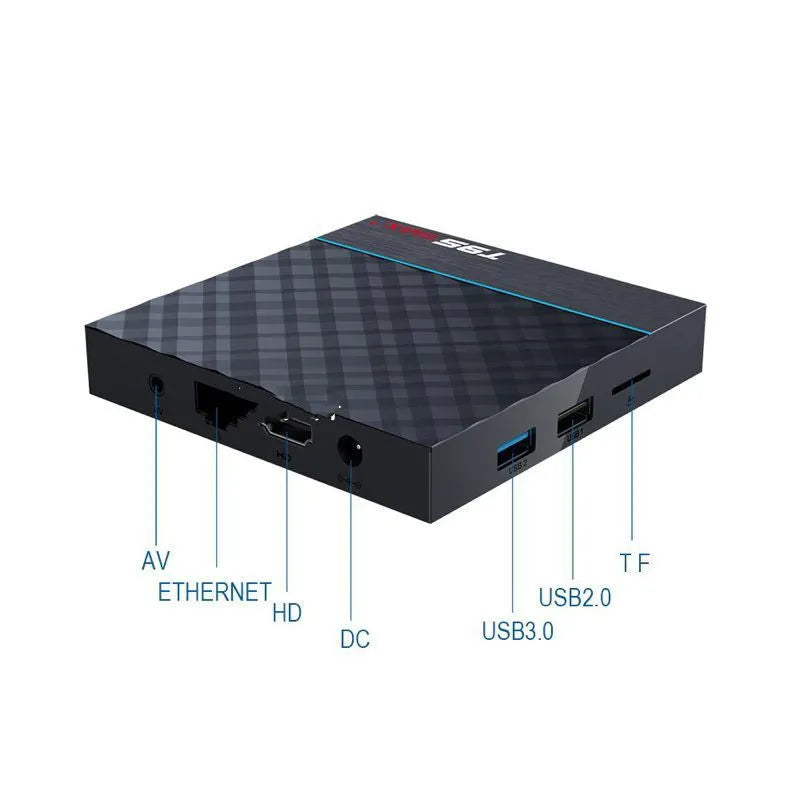 Black T95 Max Plus Android TV Box with remote, showing choice of EU, UK and US power plugs.