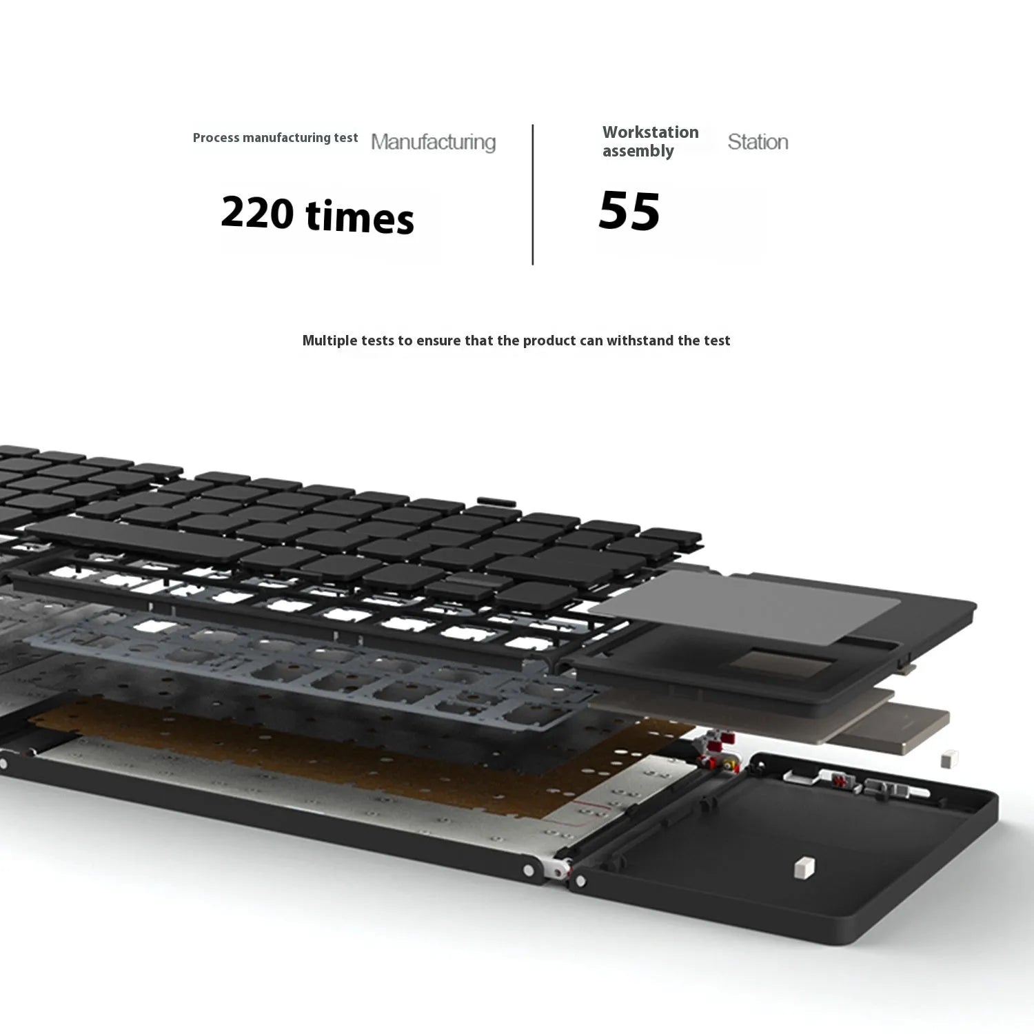 Black and silver mini tri-fold Bluetooth keyboard shown unfolded, displaying its slim profile and compact key layout.