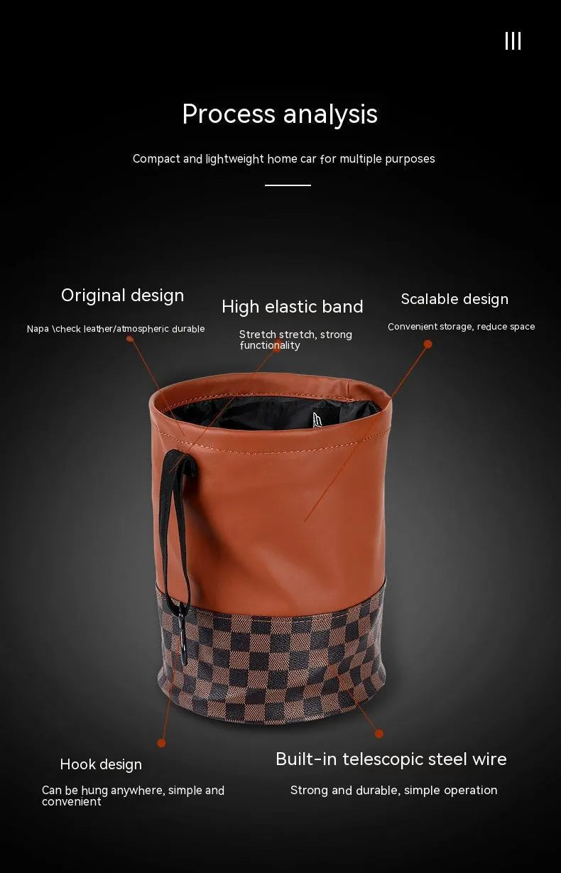 Retractable leather car trash can with waterproof lining and carry handle shown in vehicle