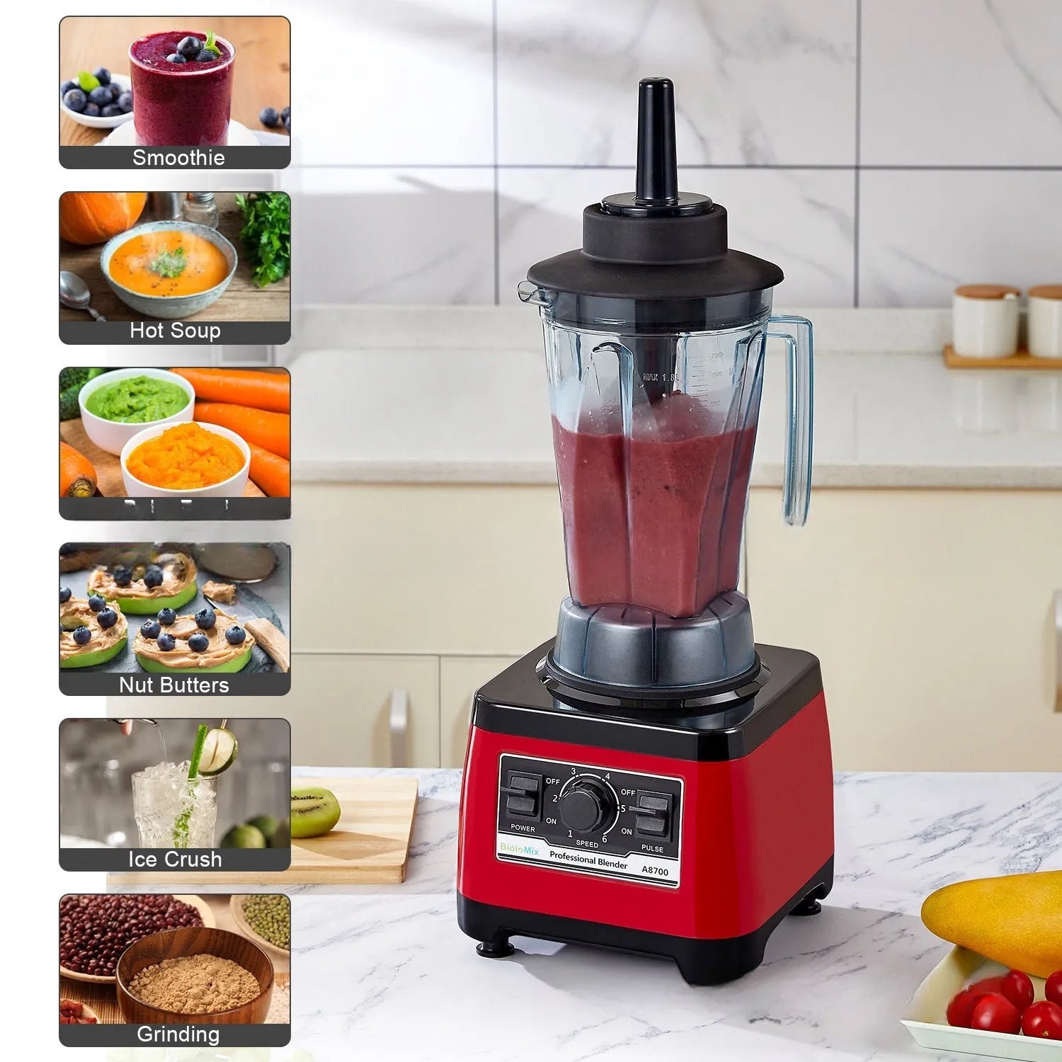 Red commercial blender with 2200W power and 2-litre capacity for professional kitchens