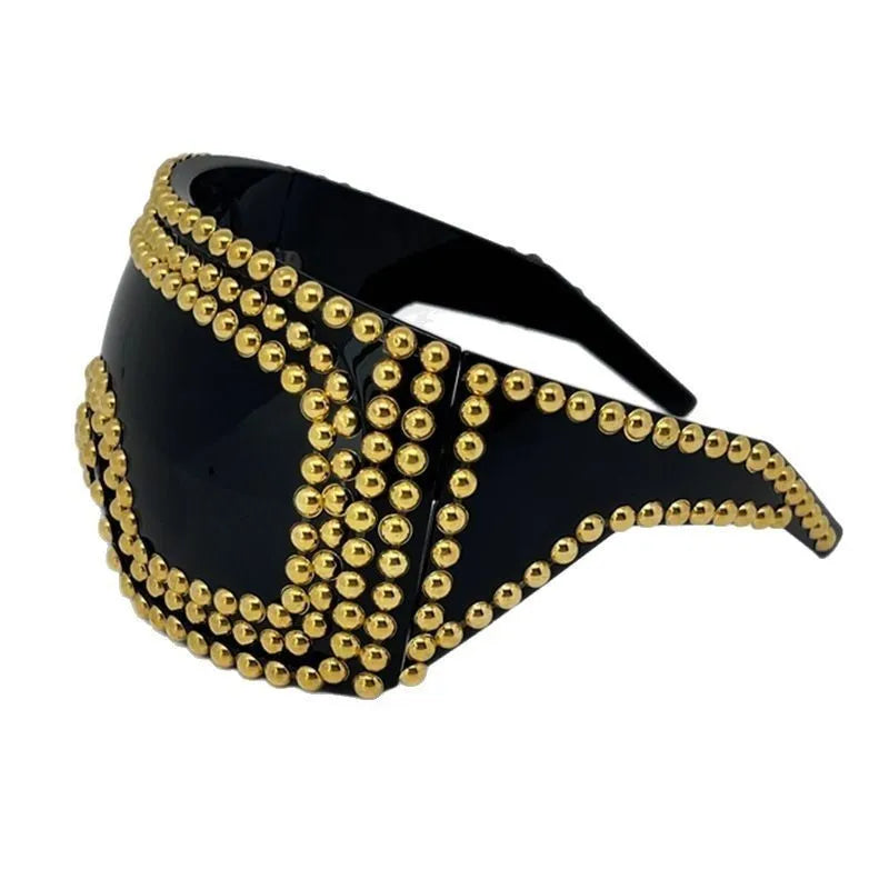 Men's punk style sunglasses with super large square rims and rivet detailing in gold colour