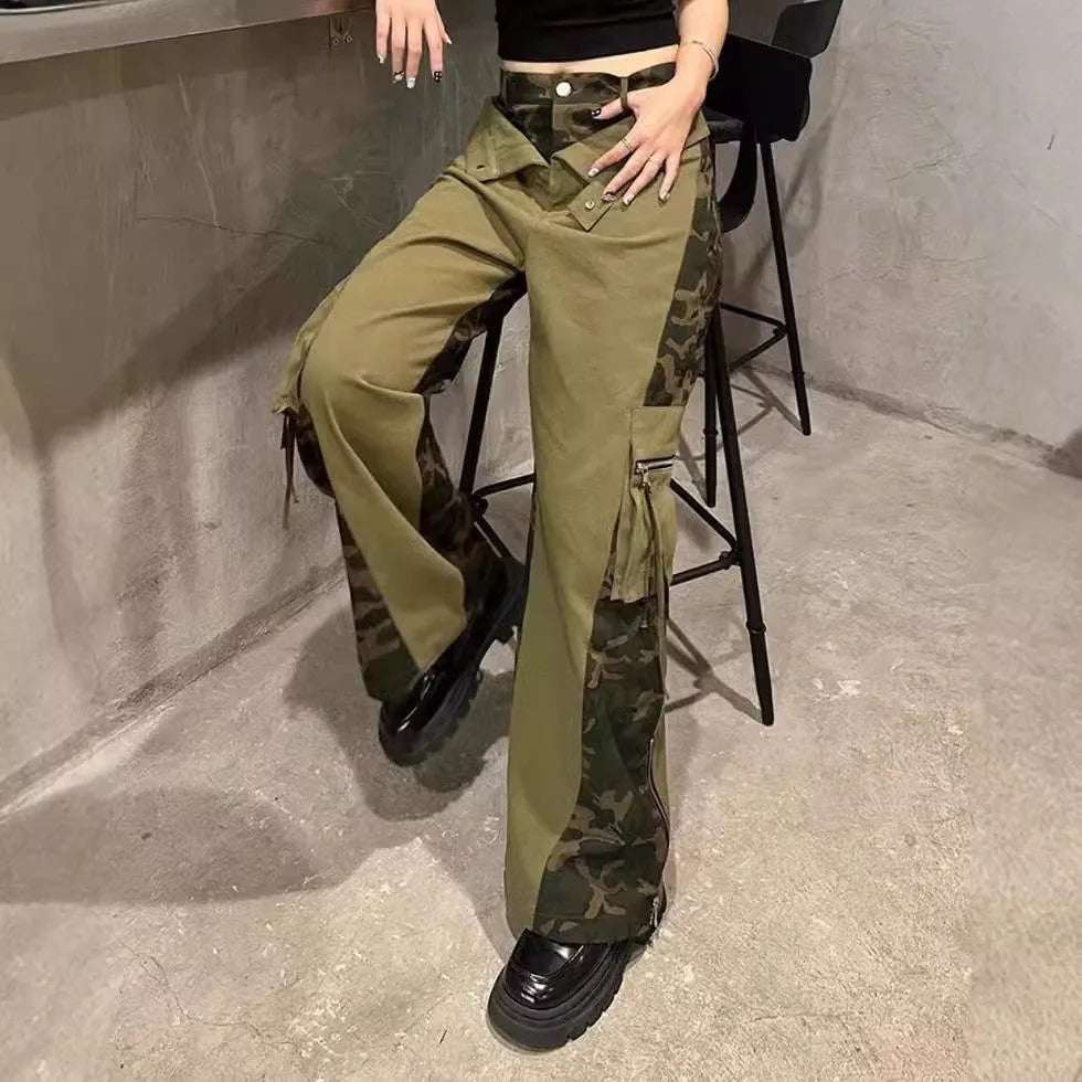 Women's dark khaki leopard print high waist jeans with straight leg cut and tooling style details