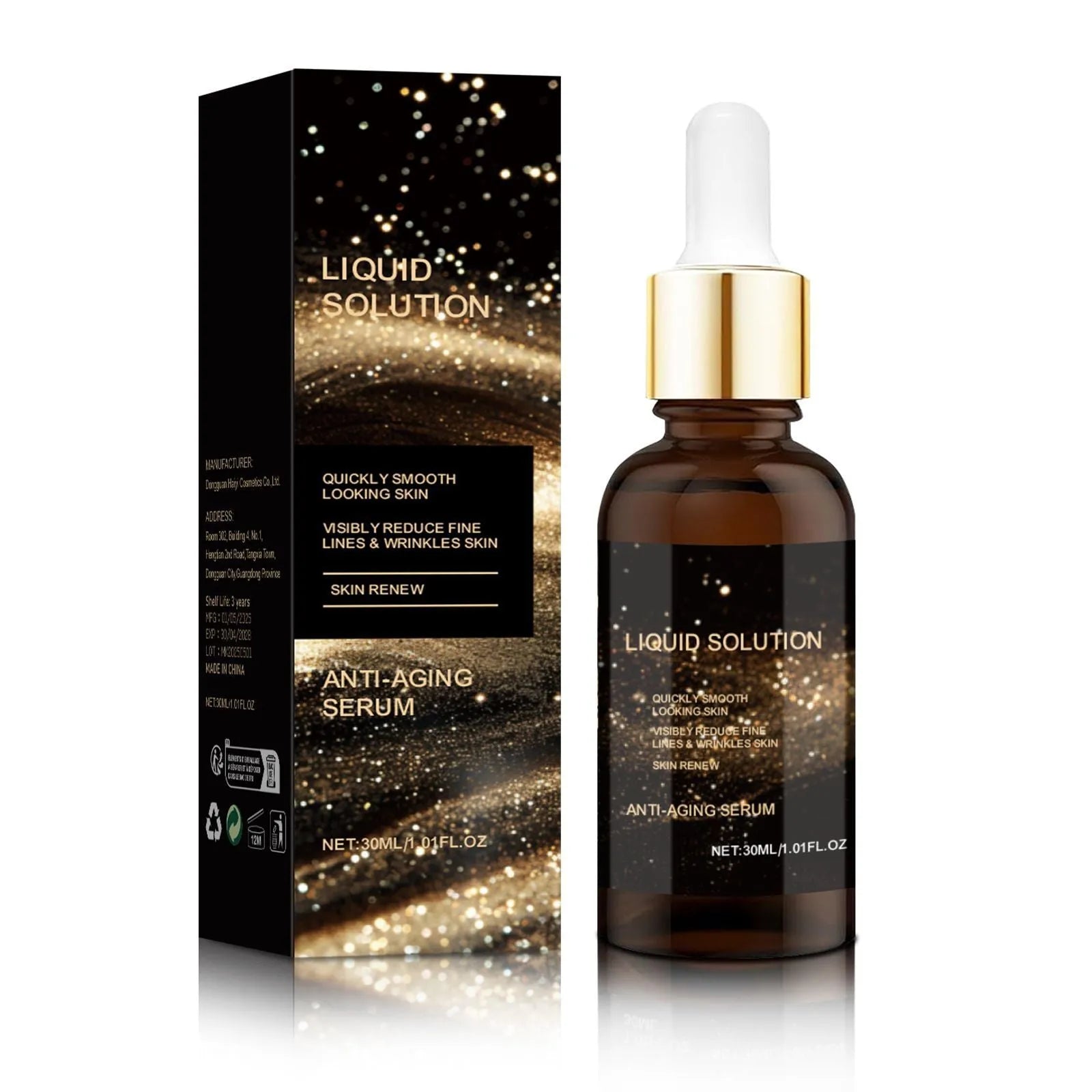 30ml bottle of facial moisturising solution with glycerin and hyaluronic acid.