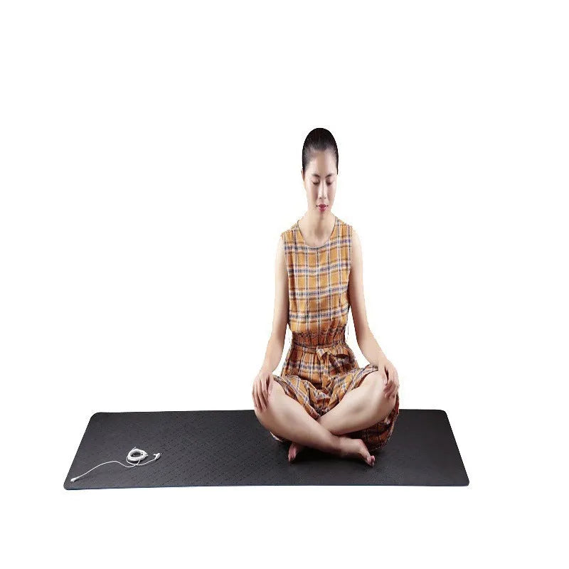 Blue conductive yoga mat with plants pattern, showing grounding wire and 182x61cm dimensions