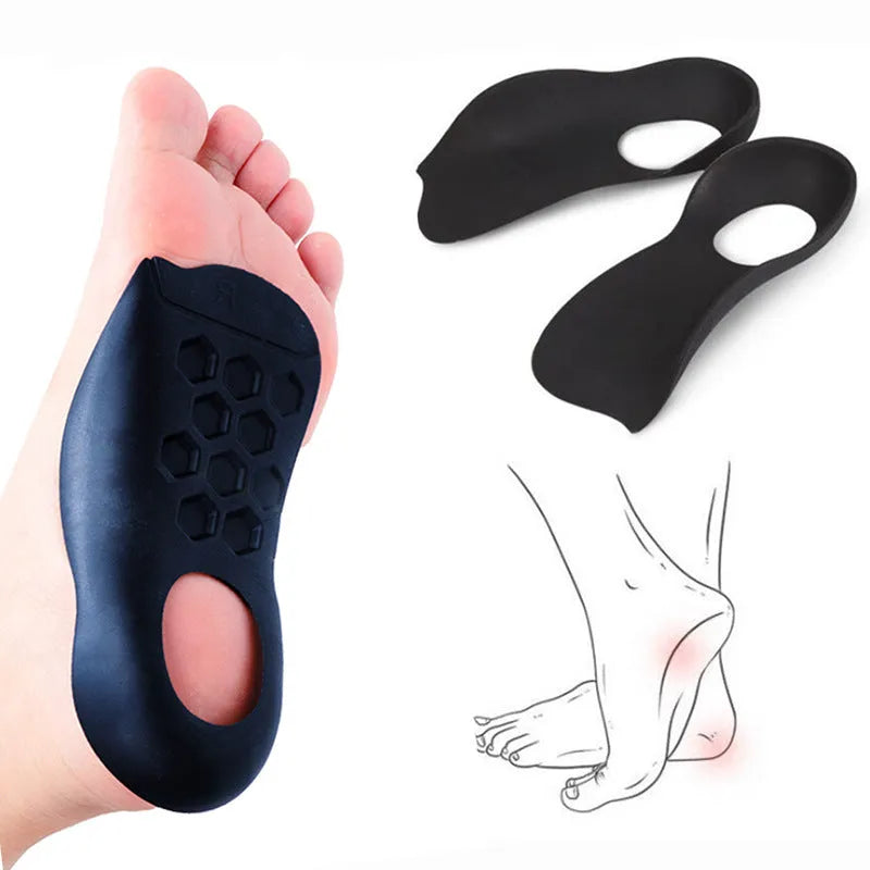 TPR varus correction arch support insoles in white, black and skin colours showing arch design