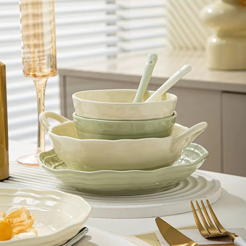 Seven-piece solid colour ceramic tableware set with modern Japanese style design
