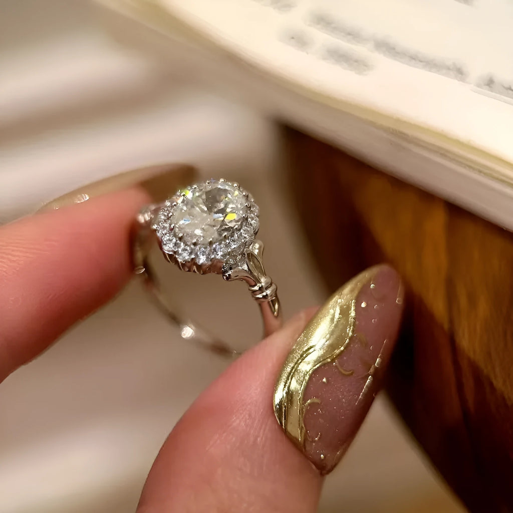 Silver adjustable opening ring with geometric diamond bouquet design for women
