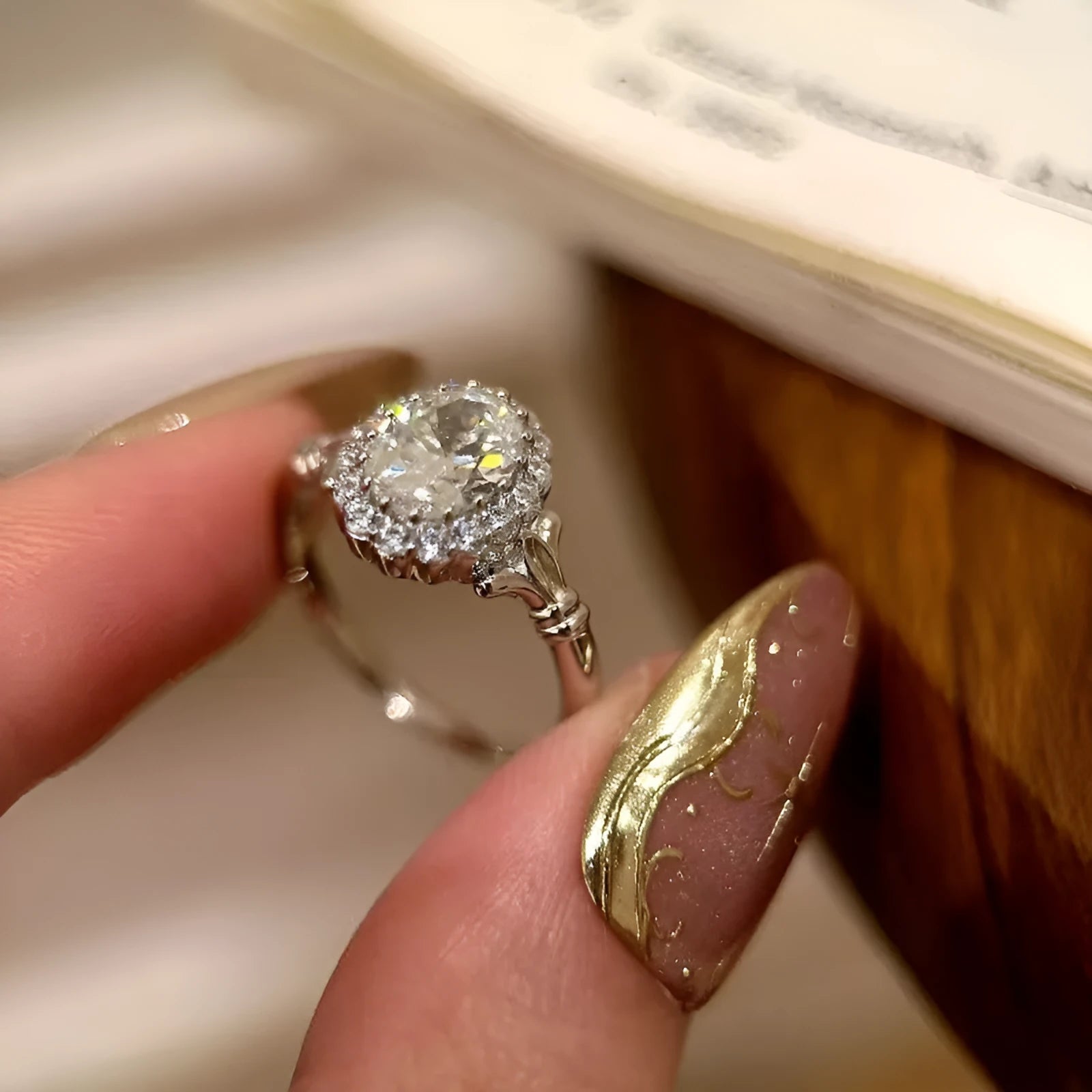 Silver adjustable opening ring with geometric diamond bouquet design for women