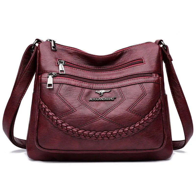 Soft leather women's crossbody shoulder bag in horizontal square shape with large capacity