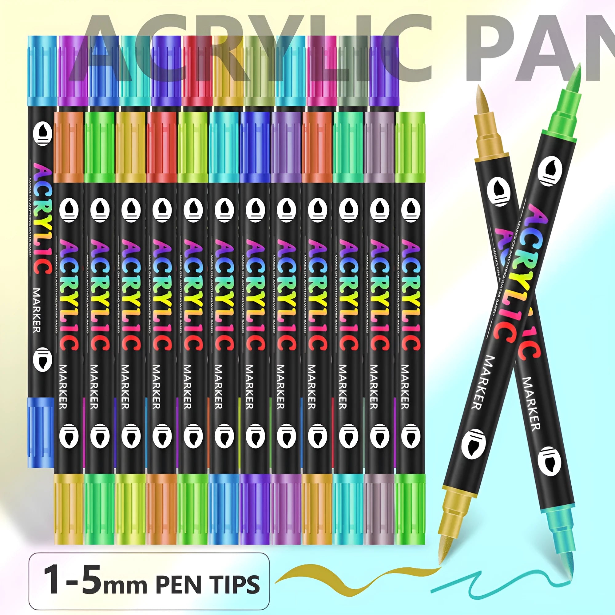 Double-headed acrylic marker pens showing fine tip and broad chisel tip with opaque quick-drying washable ink