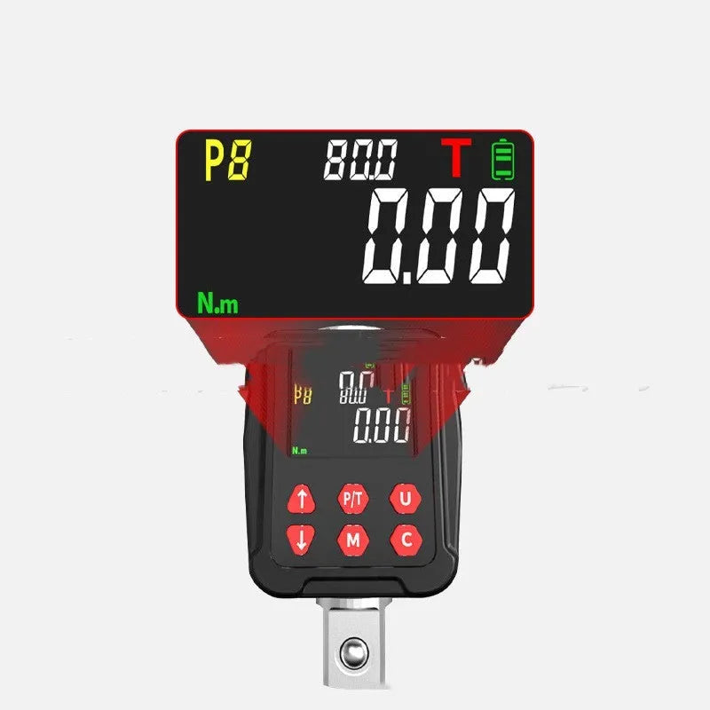 Digital torque meter with display screen, 1/2 inch square drive, and metal extension bar.