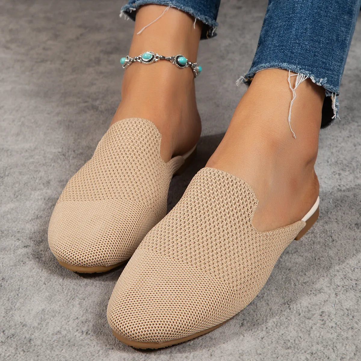 Mesh sandals with round toe slip-on design in candy colours showing cloth upper and flat rubber sole