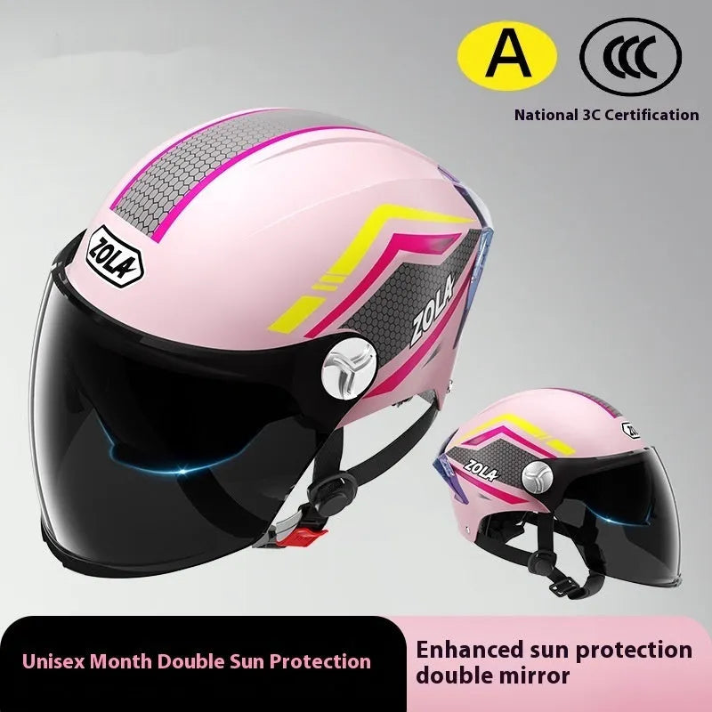 3C-certified ABS plastic half helmet for motorcycles with a double mirror visor, shown in a light brown colour variant.