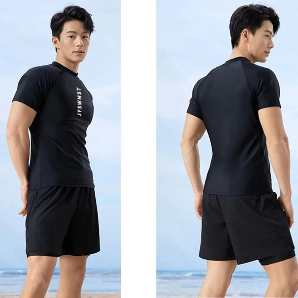 Men's plus size polyester swimsuit set with top and trunks on mannequin.