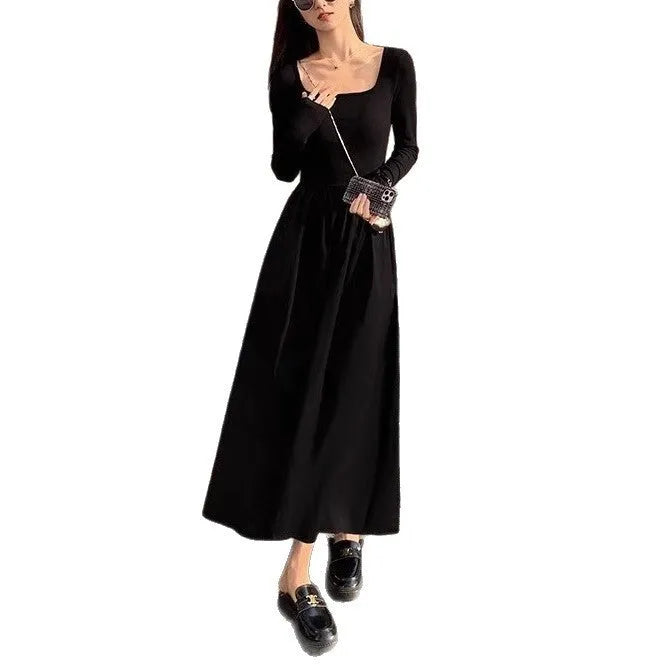 Black square collar knitted dress with elastic waist and long A-line skirt