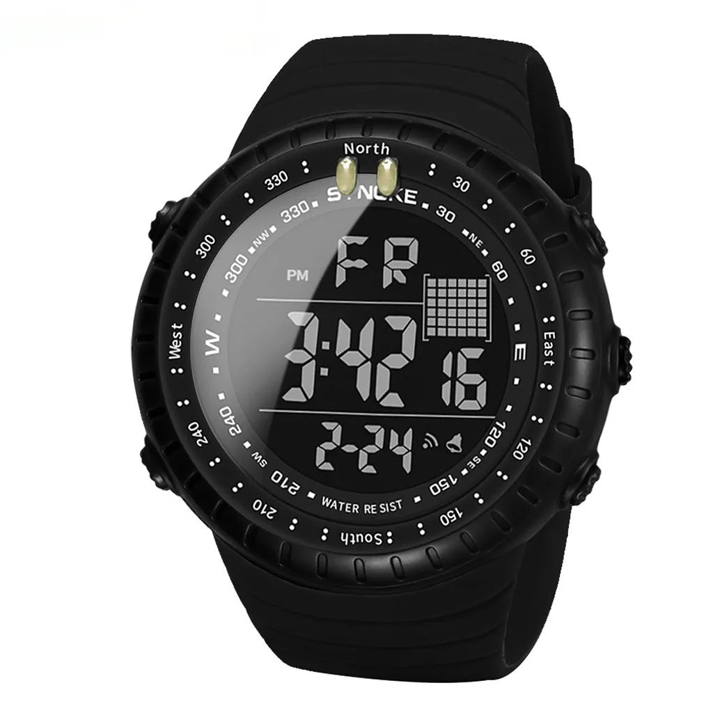 Black men's outdoor electronic watch with large dial and adjustable PU strap
