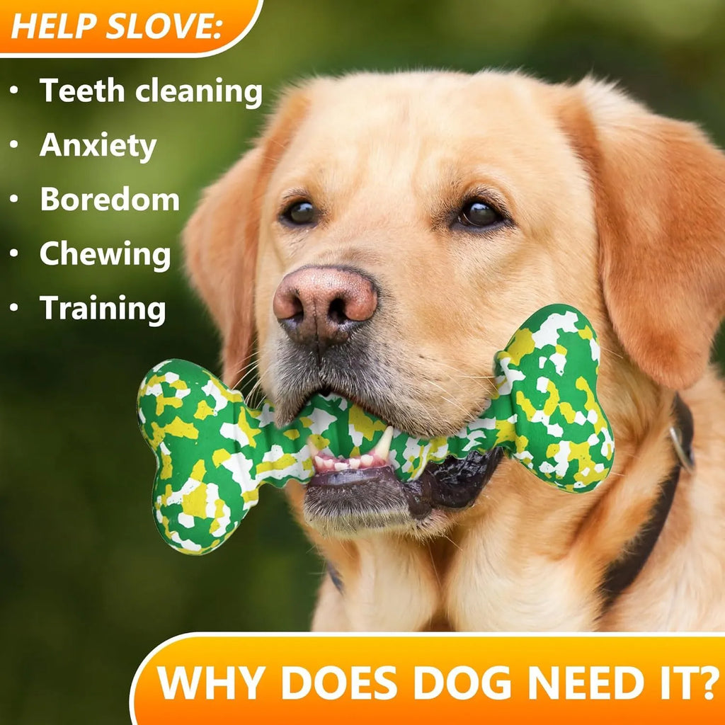 Natural rubber dog chew toy with camouflage pattern, shown in green, white, and yellow, bone-shaped for medium and large breed dogs.