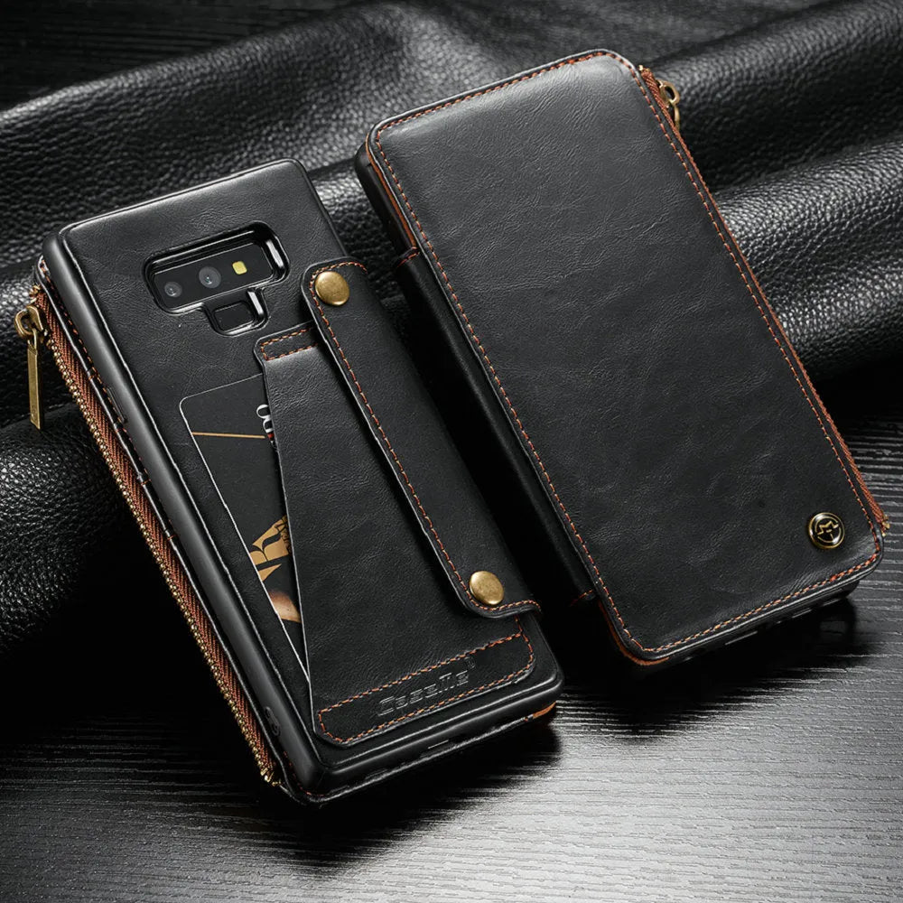 Samsung Galaxy Note 9 flip phone case in black PU leather showing closed and open positions