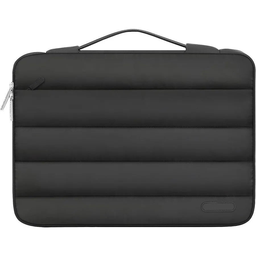 Black velvet laptop bag with plaid trim, shown next to a 15.4-inch laptop for scale.
