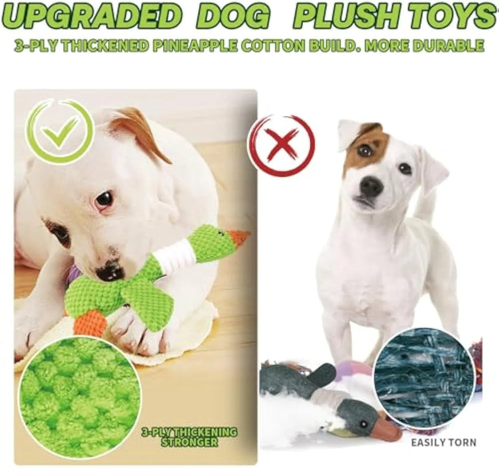 Blue durable pineapple cotton duck plush dog toy with squeakers on wooden floor