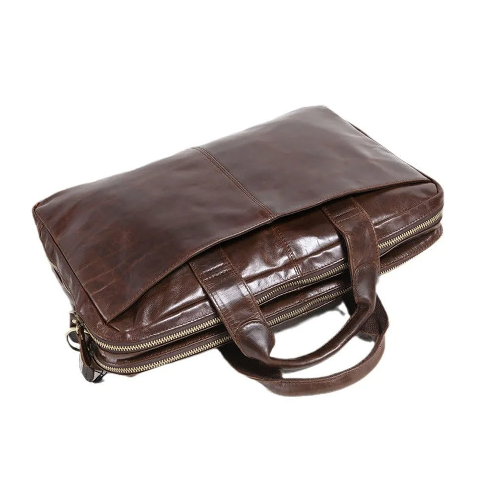 Brown cowhide leather business briefcase with 18-inch size for laptop storage