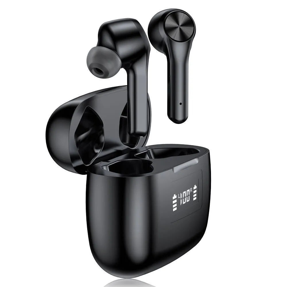 Cool black wireless earbuds with touch controls and charging case on white background