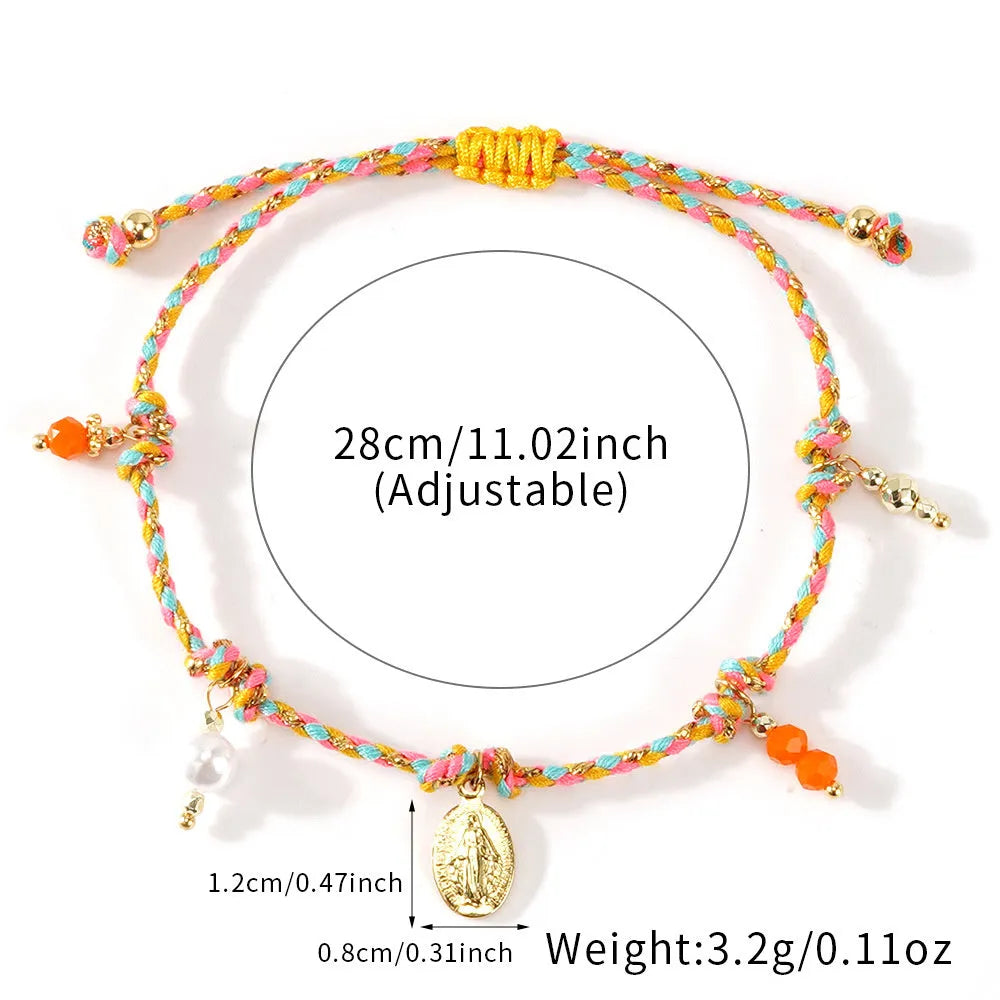 Women's colourful hand-woven ethnic bracelet with braided rope construction and carrying strap tag design