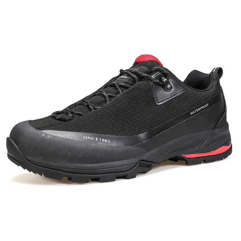 Men's low-top hiking boots in black with leather mesh upper and lace-up front.