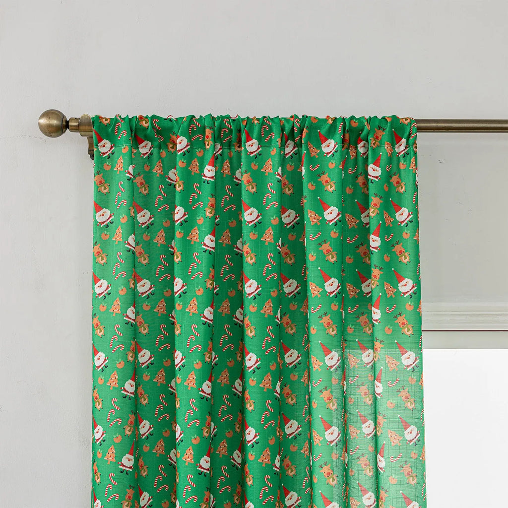 Green Christmas curtain with printed snowman and angel cartoon pattern for living room