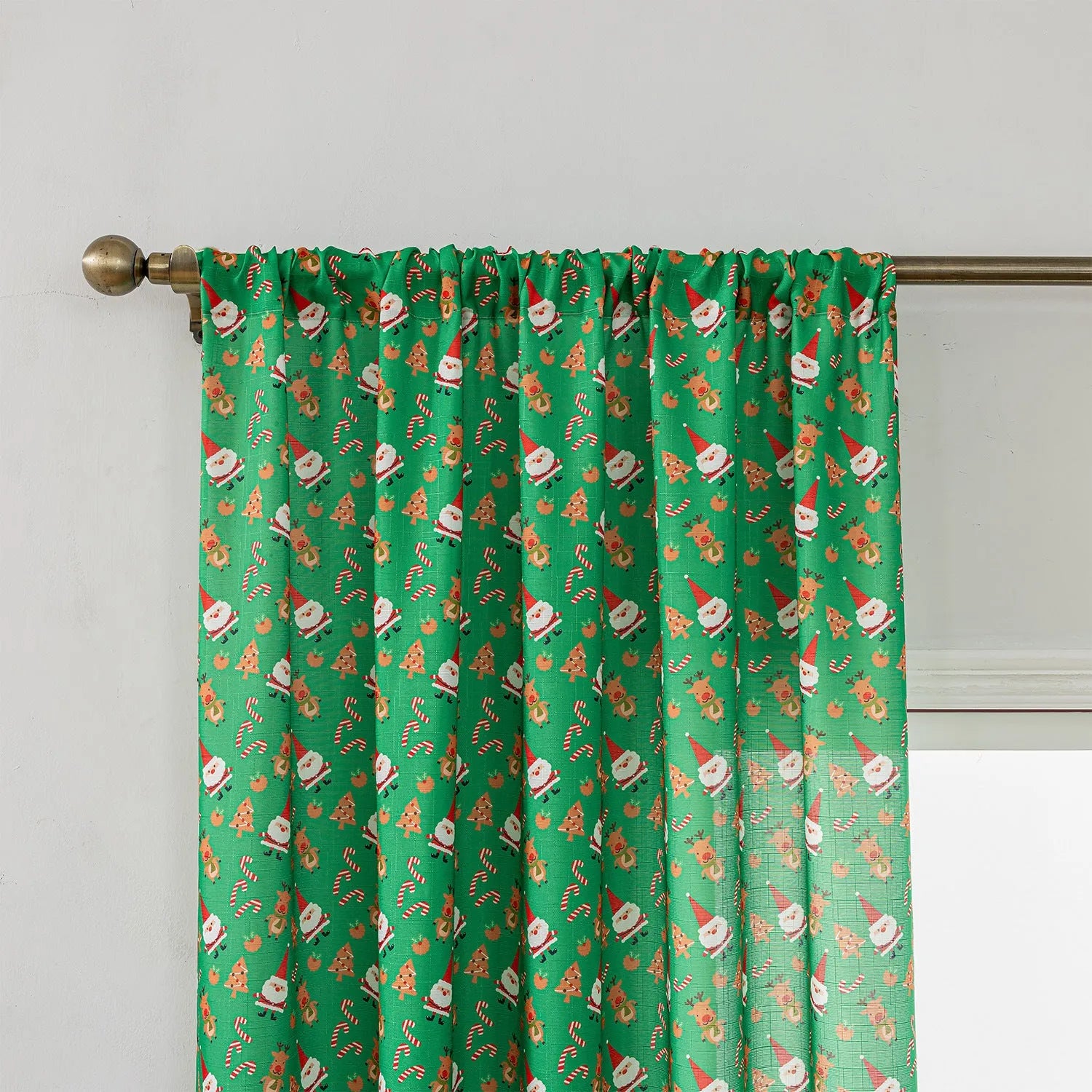 Green Christmas curtain with printed snowman and angel cartoon pattern for living room