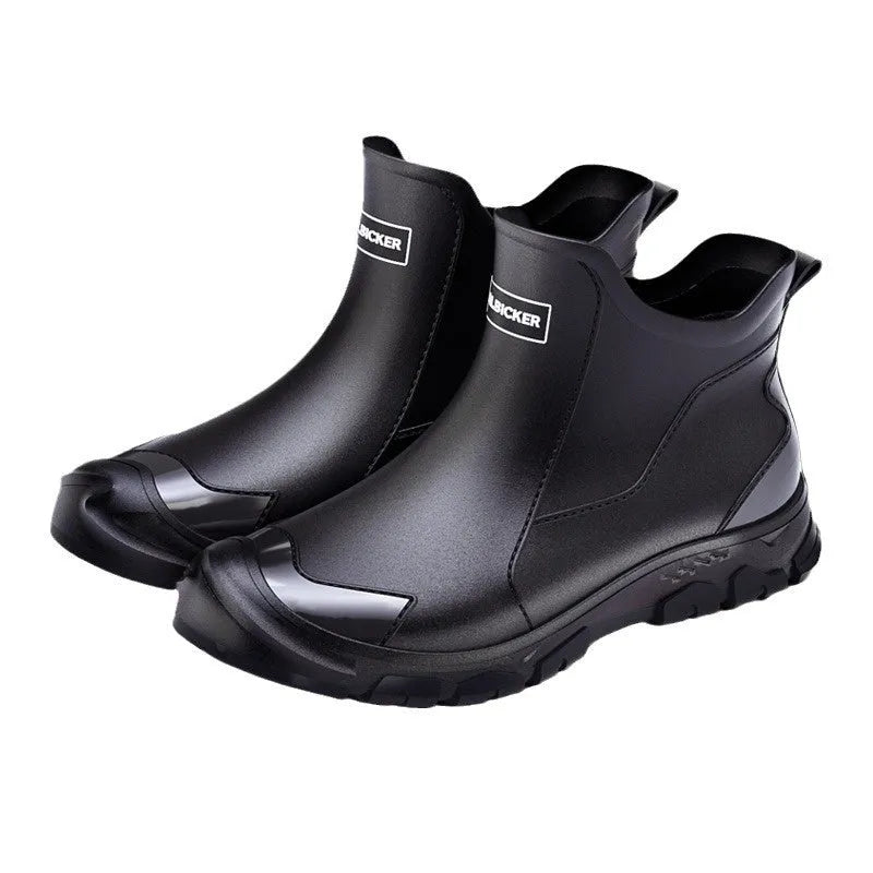Short tube PVC outdoor wading boots with round toe and flat heel in various colours.