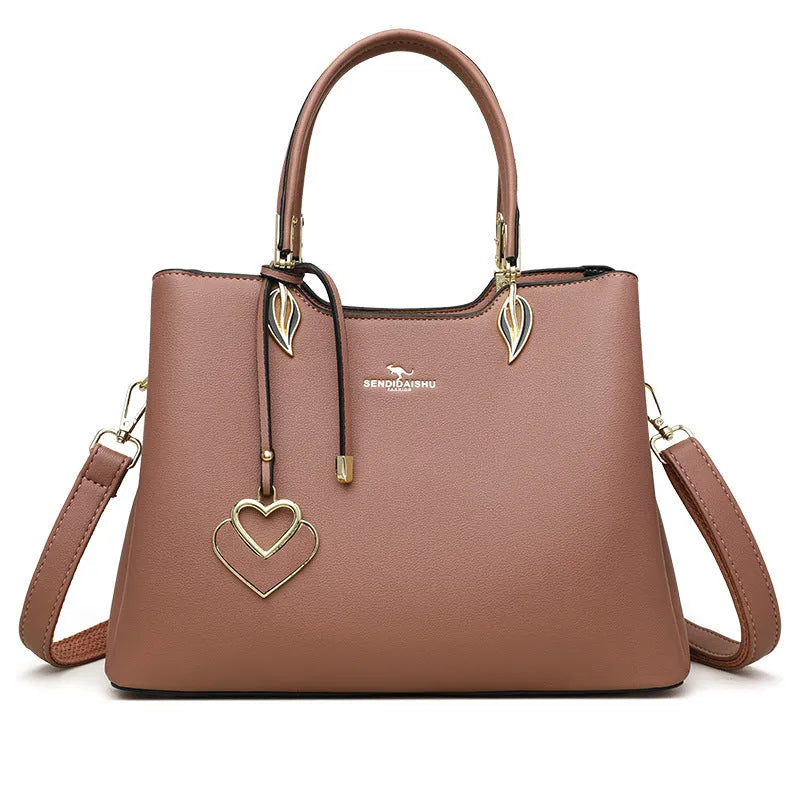 Women's multi-compartment PU leather messenger bag in urban simplicity style, shown in various colours.