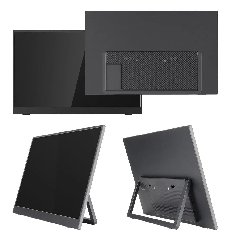 Black 15.6-inch portable monitor with adjustable stand shown with connectivity cables