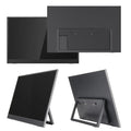 Black 15.6-inch portable monitor with adjustable stand shown with connectivity cables