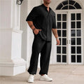Men's casual cotton linen trousers set with short-sleeved shirt in apricot colour