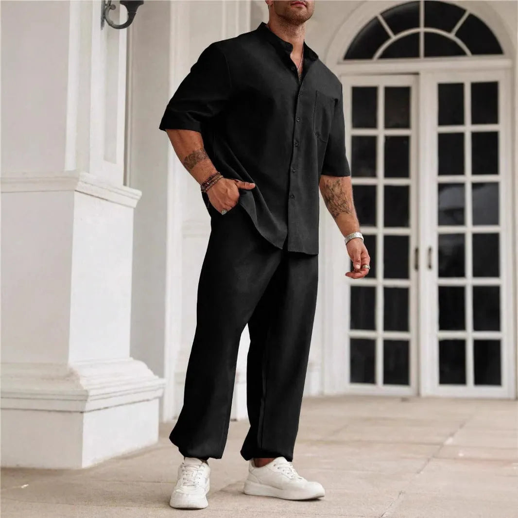 Men's casual cotton linen trousers set with short-sleeved shirt in apricot colour
