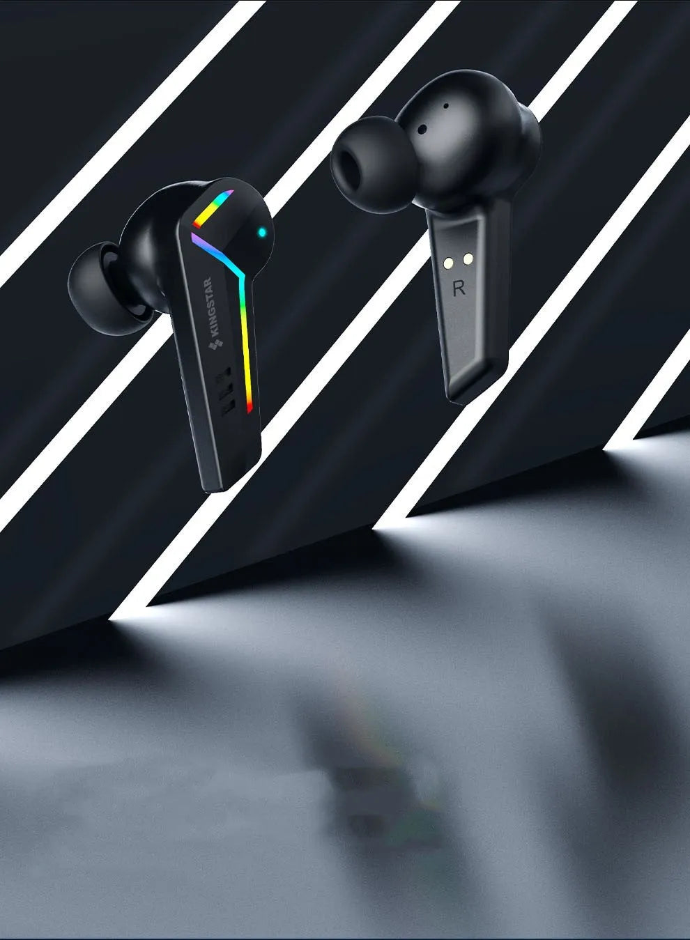 Small black wireless TWS sports earbuds with low latency for gaming.