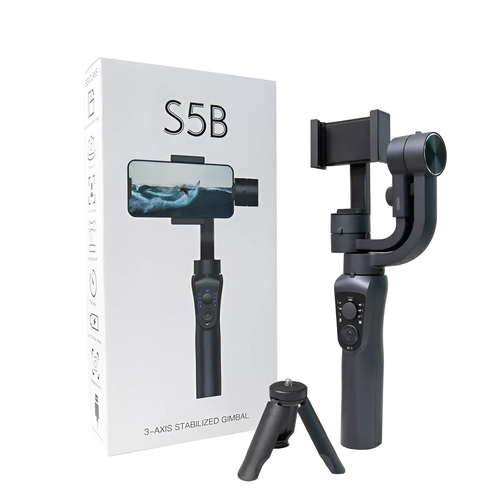 Black three-axis handheld gimbal stabiliser for mobile phones with tripod accessory