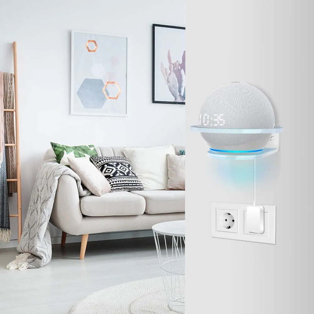 White plastic wall mounting bracket for Amazon Echo DOT 4 speaker.