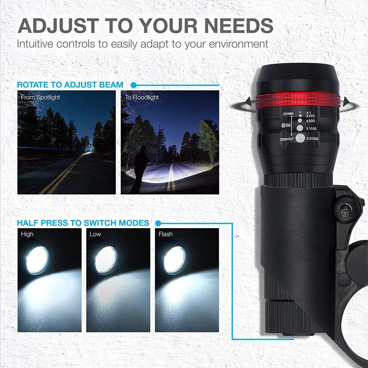 Bicycle headlight and red taillight set with metal handlebar mounting bracket on a white background.