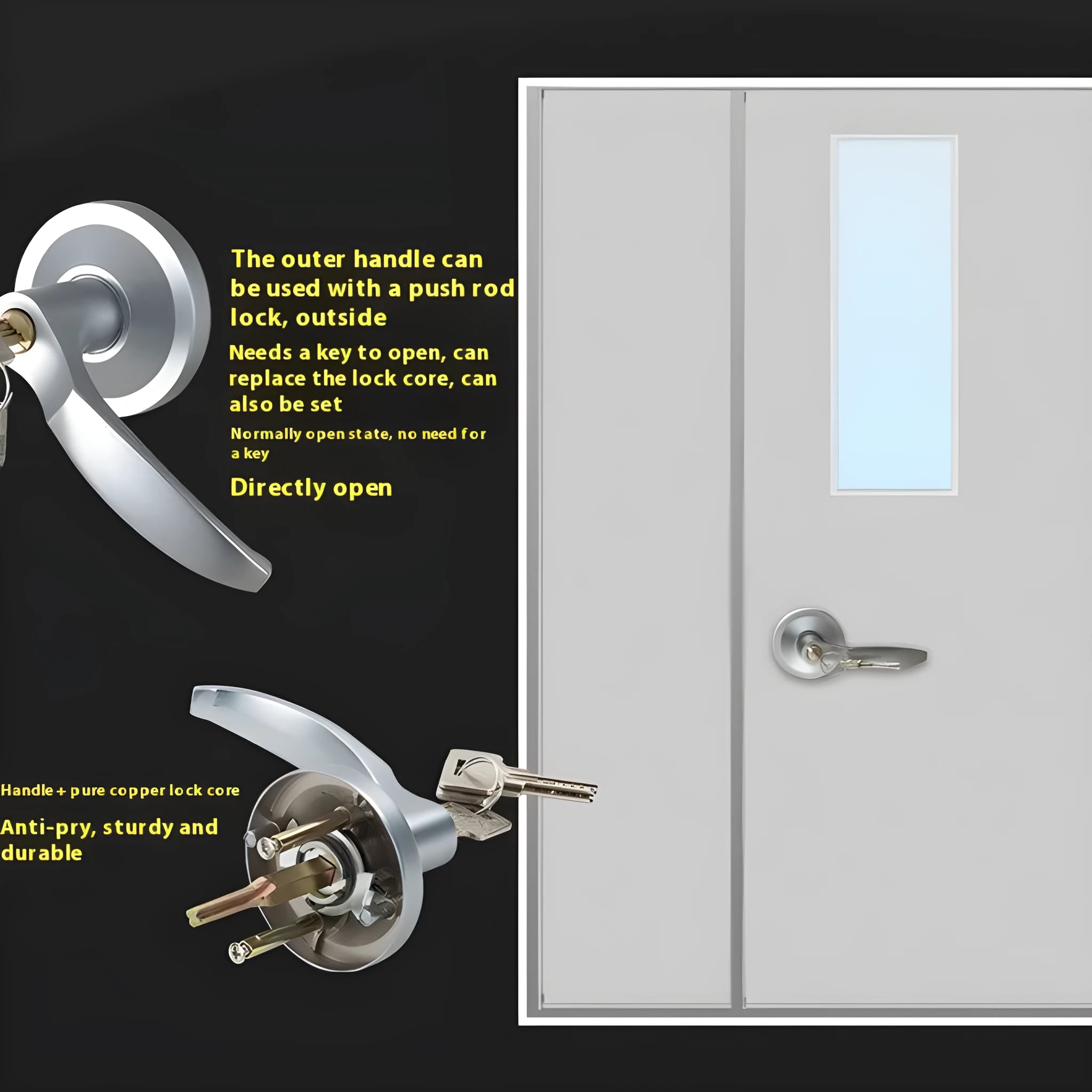 Stainless steel fireproof door push lock with external handle on a baked paint door.