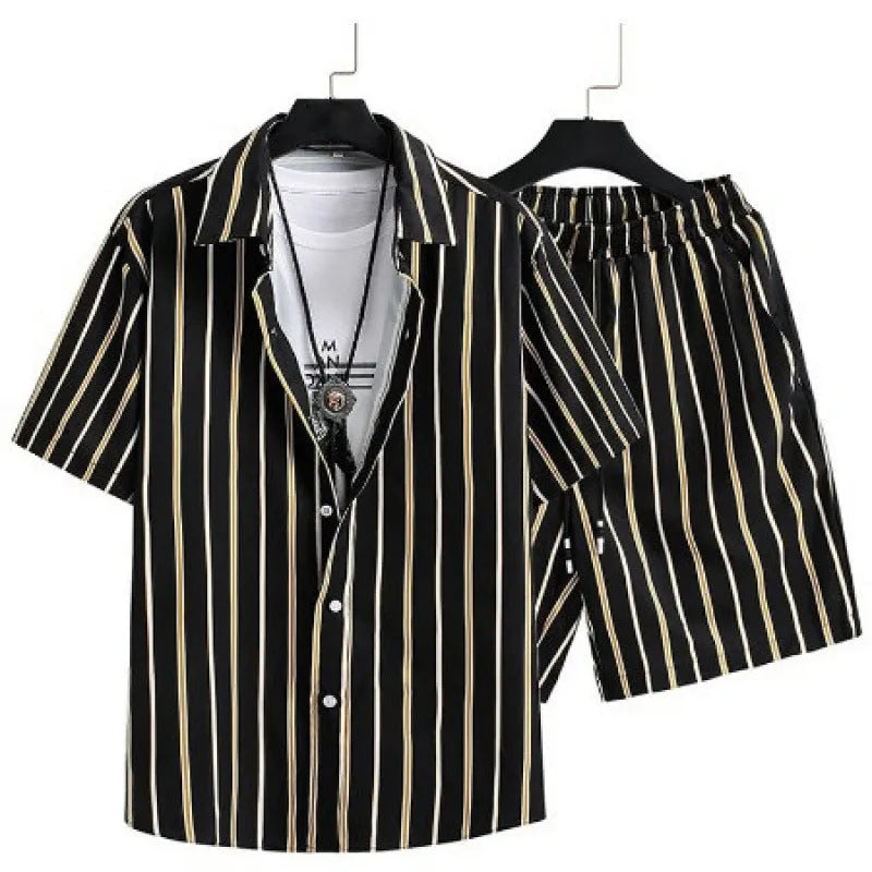 Men's short sleeve cardigan and matching shorts suit set with digital printed design.