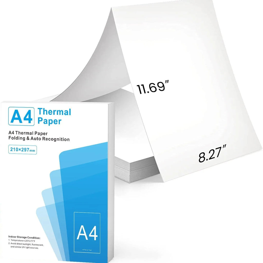 Pack of white A4 quick-drying thermal paper for portable printers, showing sheet size and packaging.